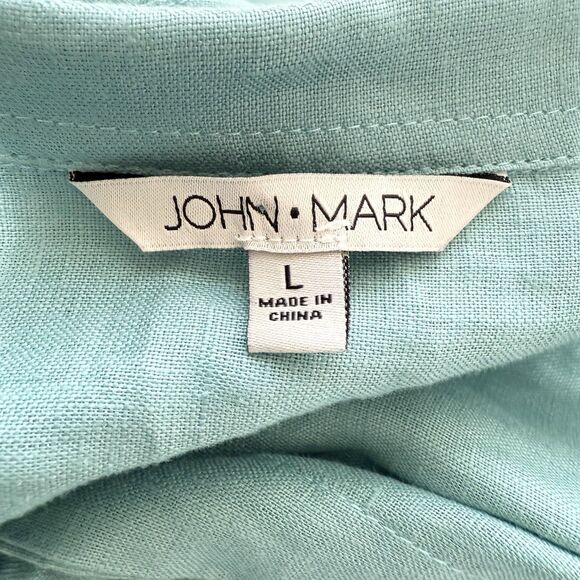 John Mark Green Linen Button Front Tunic Top L Crochet Pockets Roll Tab Sleeve - Picture 7 of 11